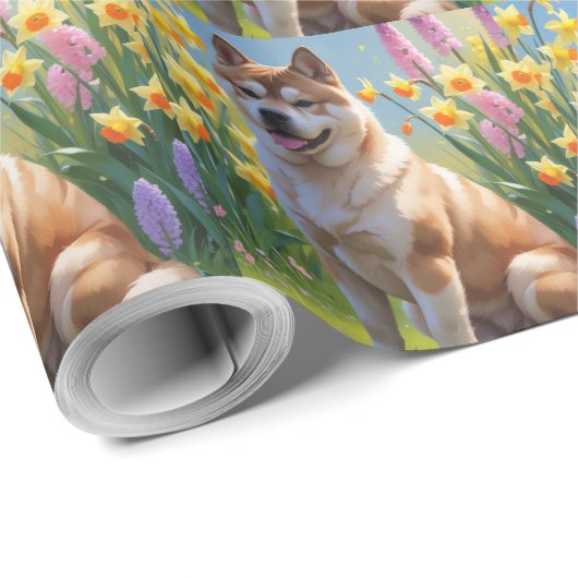 Akita Dog Spring Bloemen Schilderen Cadeaupapier (Rol Hoek)