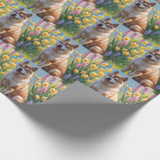 Akita Dog Spring Bloemen Schilderen Cadeaupapier (Hoek)
