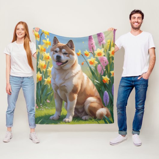 Akita Dog Spring Bloemen Schilderen Fleece Deken (In situ)