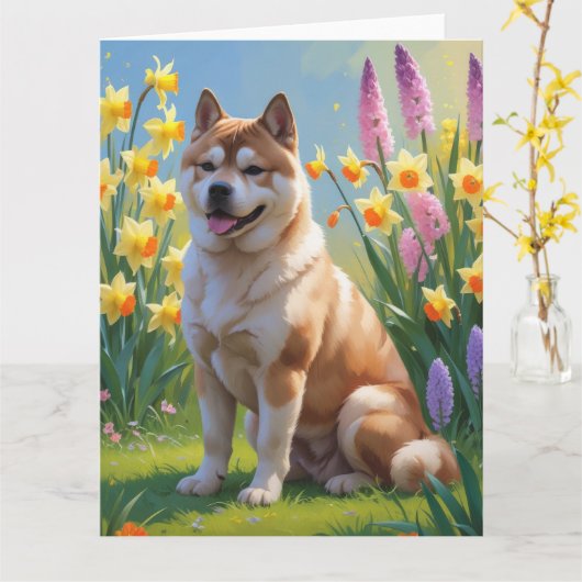 Akita Dog Spring Bloemen Schilderen Kaart (Gele Bloem)