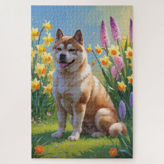 Akita Dog Spring Bloemen Schilderen Legpuzzel (Verticaal)