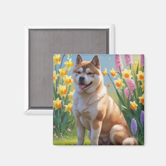 Akita Dog Spring Bloemen Schilderen Magneet (Voorkant / Achterkant)