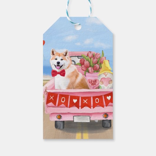 Akita Dog Valentijnsdag Truck Hearts Cadeaulabel (Achterkant)