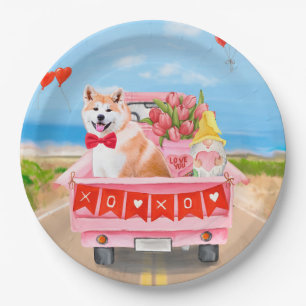 Akita Dog Valentijnsdag Truck Hearts Papieren Bordje