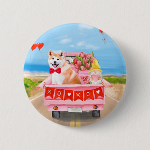 Akita Dog Valentijnsdag Truck Hearts Ronde Button 5,7 Cm