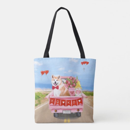Akita Dog Valentijnsdag Truck Hearts Tote Bag (Achterkant)