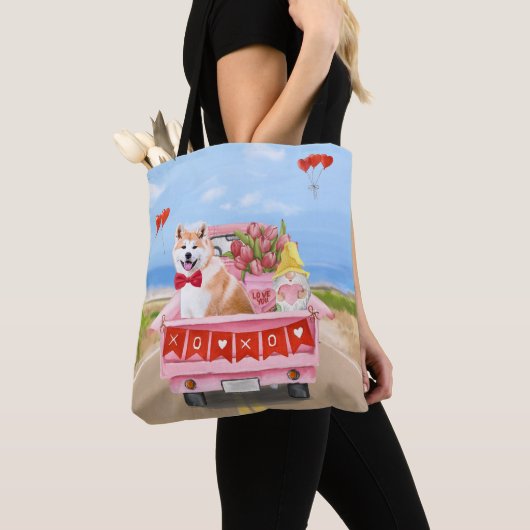 Akita Dog Valentijnsdag Truck Hearts Tote Bag (Dichtbij)