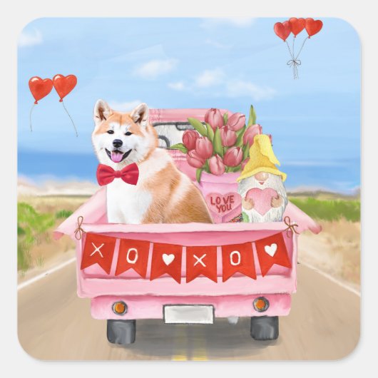 Akita Dog Valentijnsdag Truck Hearts Vierkante Sticker (Voorkant)