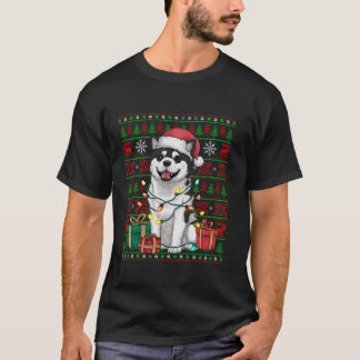 Akita Dog Xmas Lights Ugly Santa Hat Akita Kerst T-shirt