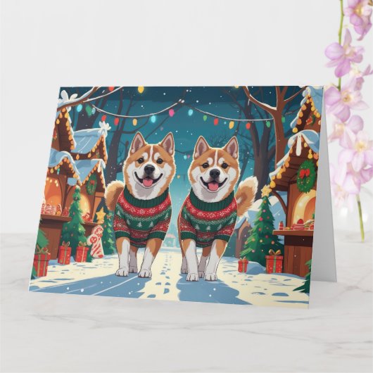 Akita Dogs Christmas Snow Holiday Kaart (Orchidee)