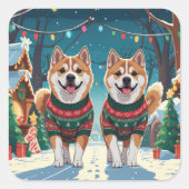 Akita Dogs Christmas Snow Holiday Vierkante Sticker (Voorkant)