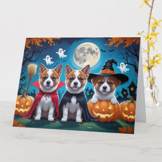 Akita Dogs Pumpkin Halloween Grappig Kaart (Gele Bloem)