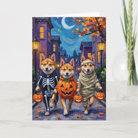 Akita Dogs Trick-or-Treating in Halloween kostuums Kaart (Voorkant)