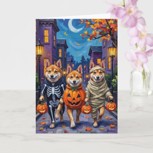 Akita Dogs Trick-or-Treating in Halloween kostuums Kaart (Orchidee)