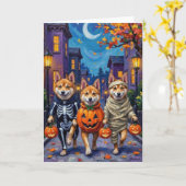 Akita Dogs Trick-or-Treating in Halloween kostuums Kaart (Gele Bloem)