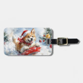 Akita Hond in Sledge Laat het Sneeuw Kerstmis Bagagelabel (Voorkant horizontaal)