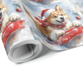 Akita Hond in Sledge Laat het Sneeuw Kerstmis Cadeaupapier (Rol Hoek)