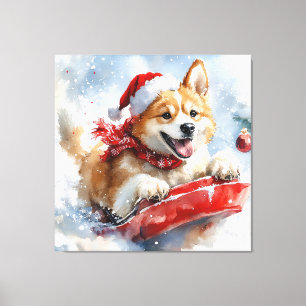Akita Hond in Sledge Laat het Sneeuw Kerstmis Canvas Afdruk