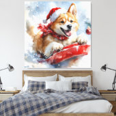 Akita Hond in Sledge Laat het Sneeuw Kerstmis Canvas Afdruk (Insitu (Slaapkamer))