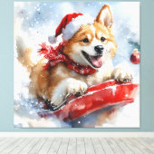 Akita Hond in Sledge Laat het Sneeuw Kerstmis Canvas Afdruk (Insitu (Houten vloer))