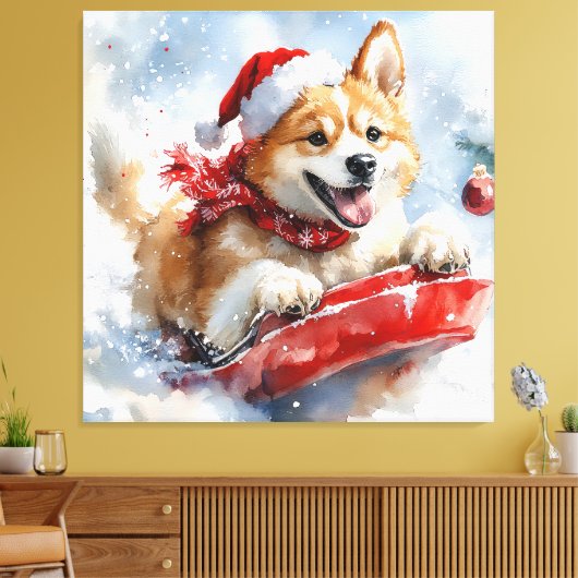 Akita Hond in Sledge Laat het Sneeuw Kerstmis Canvas Afdruk (Insitu (Woonkamer))