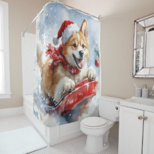 Akita Hond in Sledge Laat het Sneeuw Kerstmis Douchegordijn
