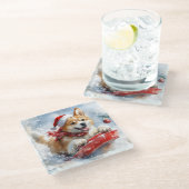 Akita Hond in Sledge Laat het Sneeuw Kerstmis Glazen Onderzetter (Schuin)