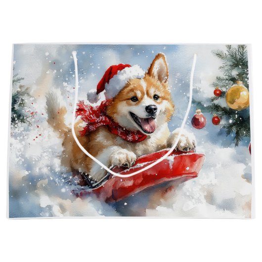 Akita Hond in Sledge Laat het Sneeuw Kerstmis Groot Cadeauzakje (Voorkant)