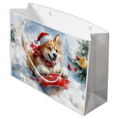 Akita Hond in Sledge Laat het Sneeuw Kerstmis Groot Cadeauzakje (Achterkant Gekanteld)