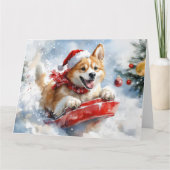 Akita Hond in Sledge Laat het Sneeuw Kerstmis Kaart (Voorkant)