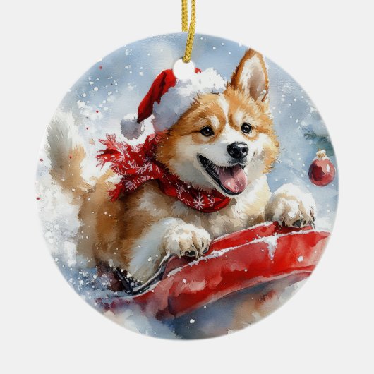 Akita Hond in Sledge Laat het Sneeuw Kerstmis Keramisch Ornament (Voorkant)