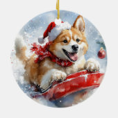 Akita Hond in Sledge Laat het Sneeuw Kerstmis Keramisch Ornament (Achterkant)