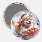 Akita Hond in Sledge Laat het Sneeuw Kerstmis Magneet (Voorkant / Achterkant)