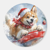 Akita Hond in Sledge Laat het Sneeuw Kerstmis Magneet (Voorkant)