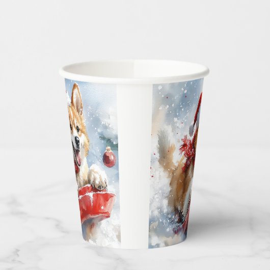 Akita Hond in Sledge Laat het Sneeuw Kerstmis Papieren Bekers (Links)