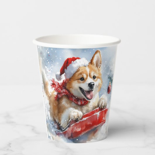 Akita Hond in Sledge Laat het Sneeuw Kerstmis Papieren Bekers (Voorkant)