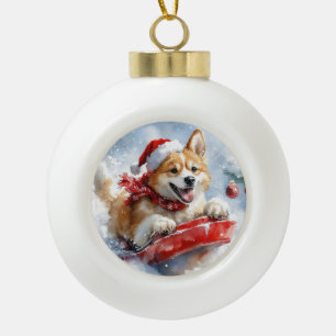 Akita-hond in slee laat het sneeuwen Kerstmis Keramische Bal Ornament