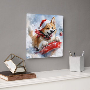 Akita-hond in slee Let it Snow Kerstmis Vierkante Klok