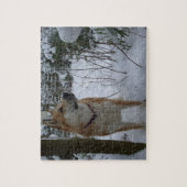 akita hond in sneeuw bedekte tuinstruiken foto legpuzzel (Verticaal)