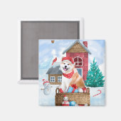 Akita-hond in sneeuw Kersthondenhok Magneet (Voorkant / Achterkant)