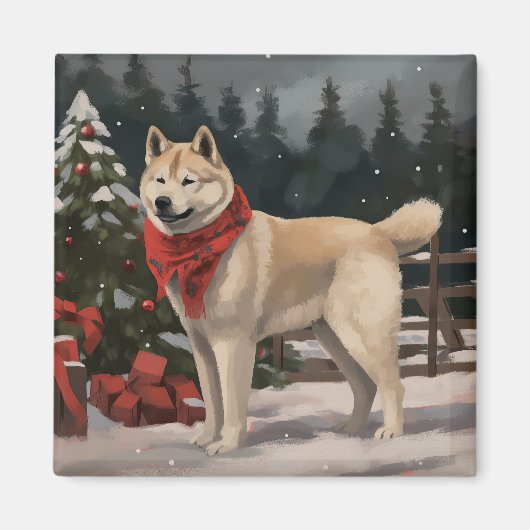 Akita Hond in Sneeuw Kerstmis Magneet (Voorkant)