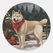 Akita Hond in Sneeuw Kerstmis Ronde Sticker (Voorkant)