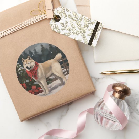 Akita Hond in Sneeuw Kerstmis Ronde Sticker (Geschenken)