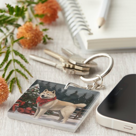 Akita Hond in Sneeuw Kerstmis Sleutelhanger (Voorkant Rechts)