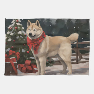 Akita Hond in Sneeuw Kerstmis Theedoek