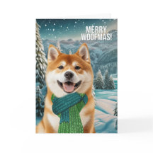 Akita-hond in winterjas Merry Woofmas