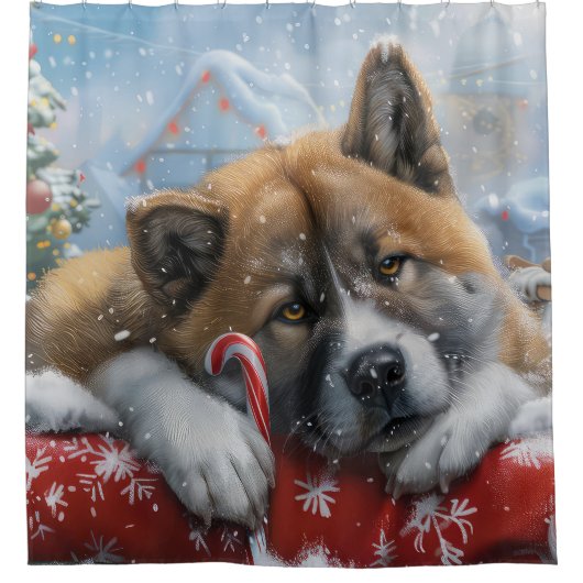 Akita Hond Kerstfeest Douchegordijn (Voorkant)