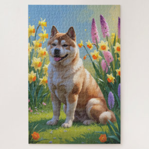 Akita-hond lente bloemen schilderij legpuzzel