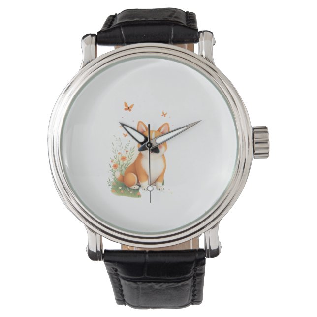 Akita Hond met Bloem en Vlinder T Shirt Horloge (Voorkant)