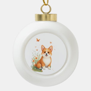 Akita Hond met Bloem en Vlinder T Shirt Keramische Bal Ornament